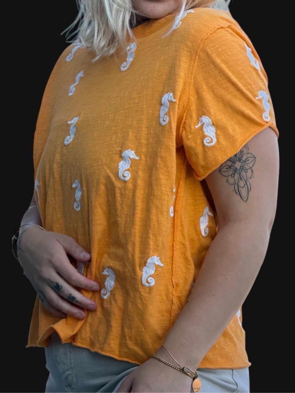 Anthropologie Orange Seahorse Embroidered Short-Sleeve Tee